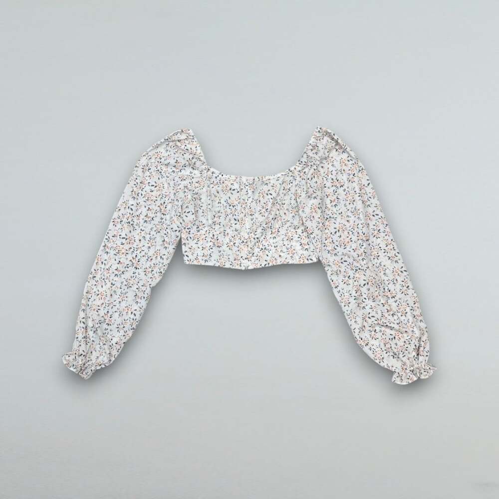 White Floral Crop Top Puff Long Sleeve Square Neck Women’s Medium - Picture 4 of 5